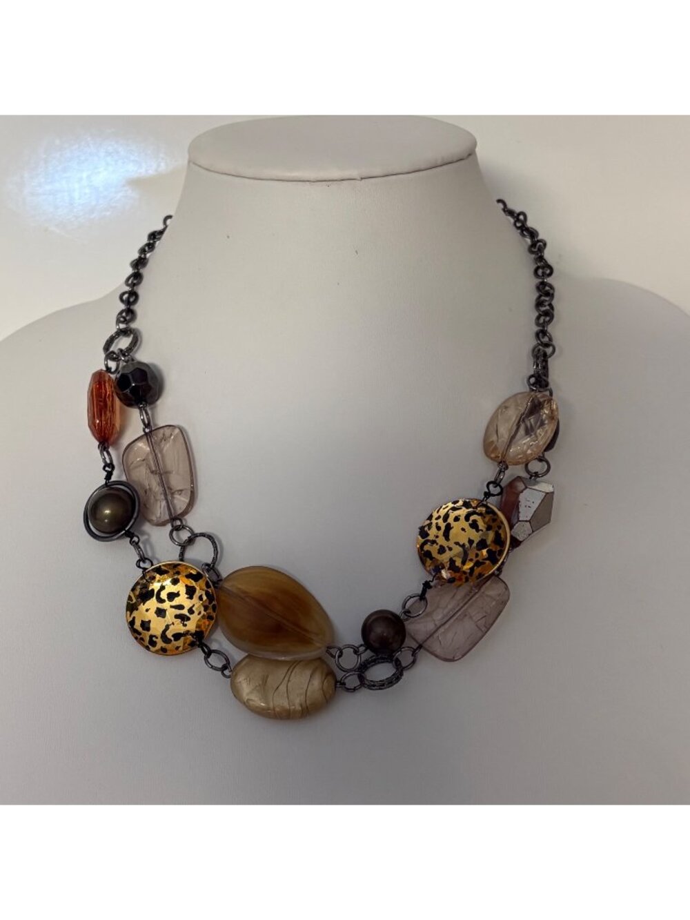 Chunky Leopard Beaded Statement Necklace Multi Tone Browns Fashion Jewelry